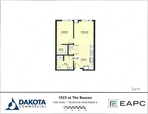 Floor plan for 1 bed, 1 bath, 680 sqft